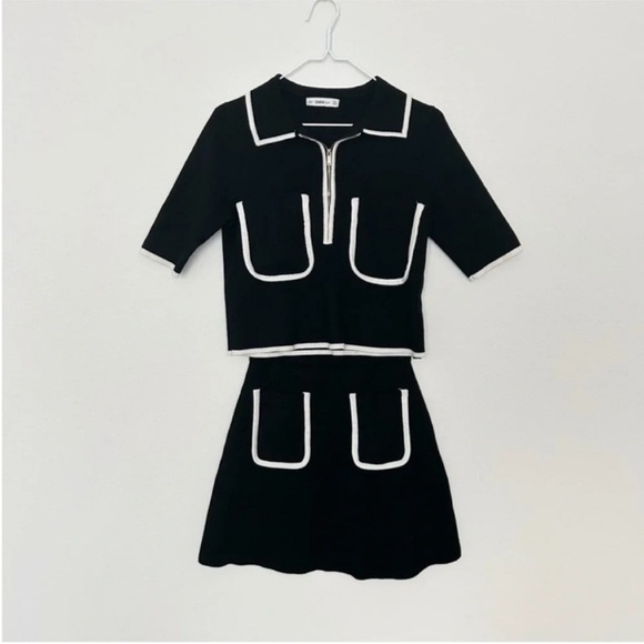 Zara Black & White Knit Skirt & Top Set Contrast Piping - Picture 5 of 12